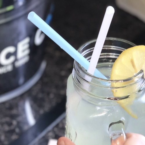 A glass of homemade lemonade served with Premium Ice and lemon wheel garnish.