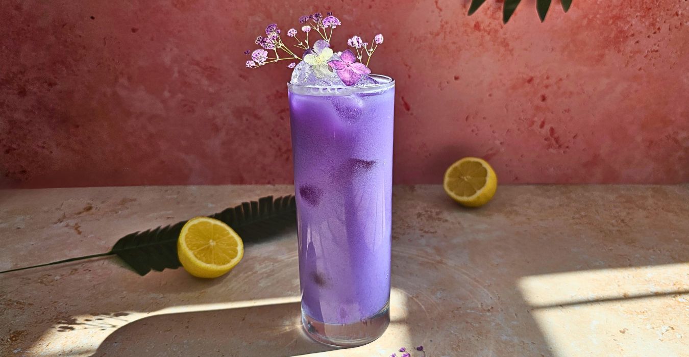 violet gin fizz cocktail in a long collins glass with edible flowers