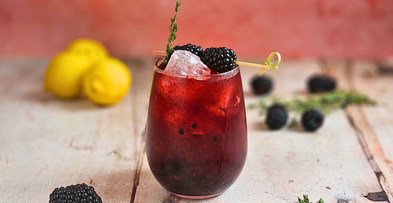 blackberry lemon fizz mocktail with fresh lemons and berries