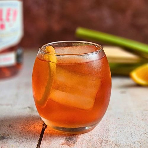 rhubarb and orange negroni fizz in a small round glass next to fresh orange slices and sticks of rhubarb