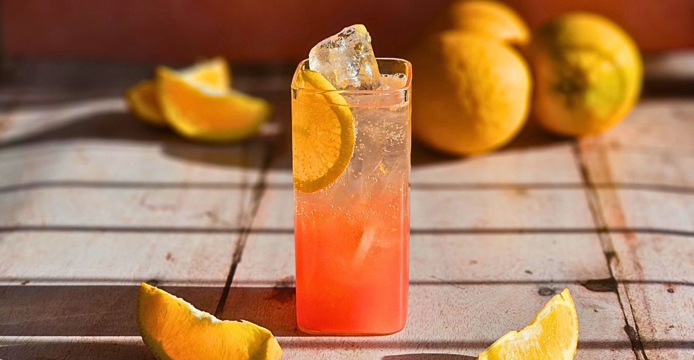 bicycle thief cocktail in a tall glass with an orange slice and fresh citrus fruit