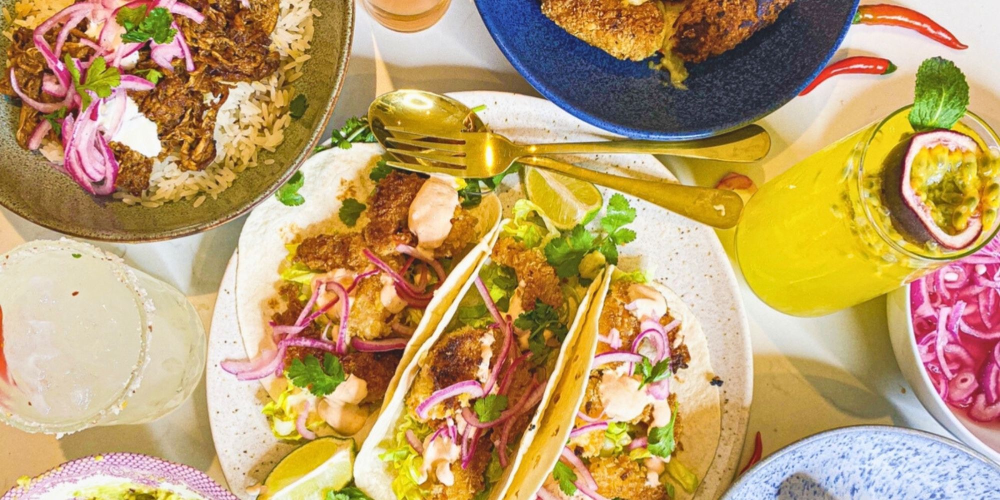 spicy tacos and summer foods with a selection of spicy cocktails